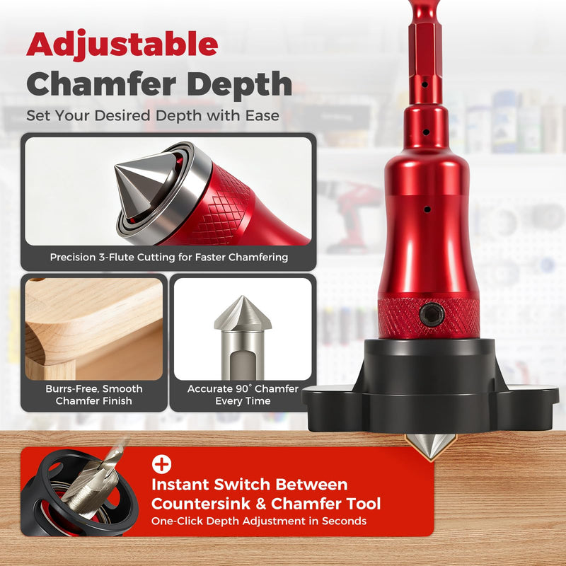 BURMONG 5-Piece Countersink Drill Bit Set with Bearing Depth Stop & Chamfer Tool, 1/4" Hex Shank Quick Change Bi-Directional Cutting Edges for Woodworking (with Adjustable Bearing Depth Stop) With Adjustable Bearing Depth Stop