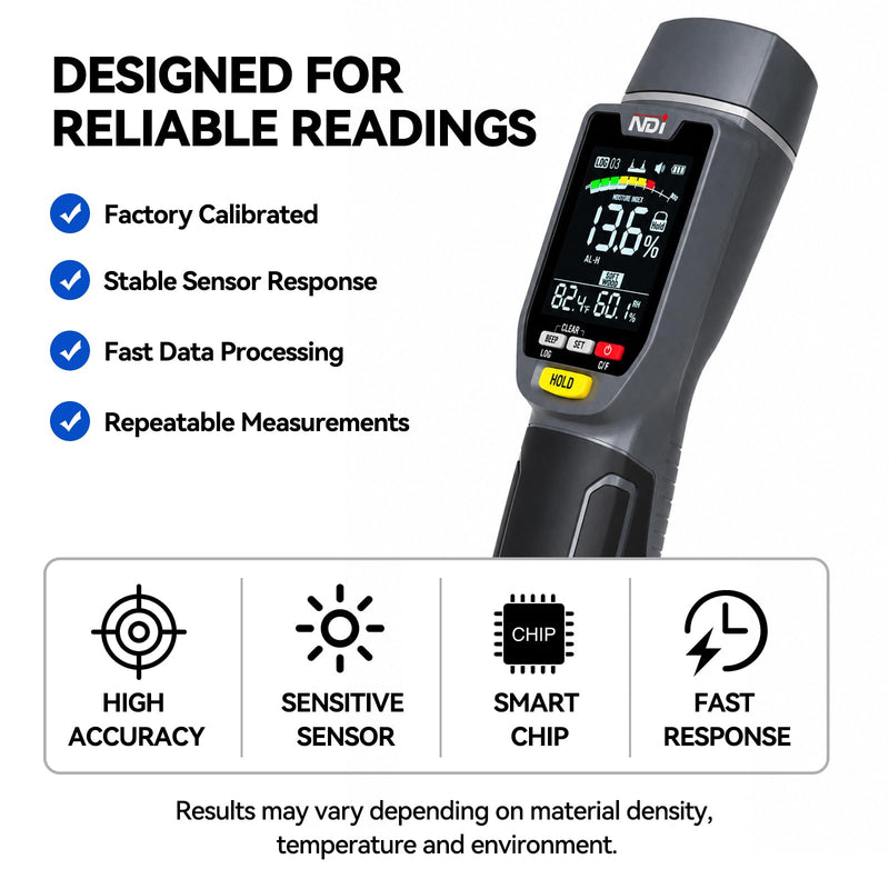 NDI ND316PRO Dual-Mode Moisture Meter – Pin & Pinless Non-Destructive, Wood & Building Materials, Temperature & Humidity Display, Data Log, Backlit LCD