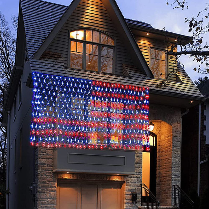 Solar American Flag Lights, 420 LED Waterproof American Flag Net Lights Independence Day Decorations 8 Modes Outdoor String Light for 4th of July Independence Day, Garden, Yard Home Decorations 6.6FT*3.3FT Solar Power+Remote
