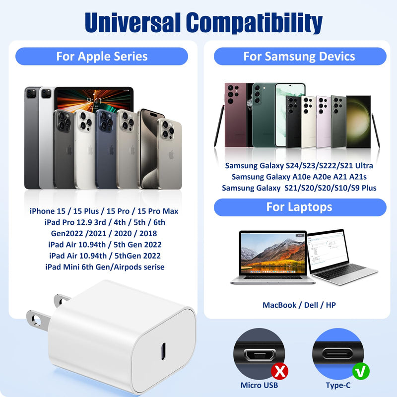 iPhone 15 Charger Fast Charging 3-Pack, 20W Type C Charger[3+6+10FT] USB C Wall Charger Cables for iPhone 15/15 Plus/15 Pro Max, iPad Pro/Air/AirPods/Samsung