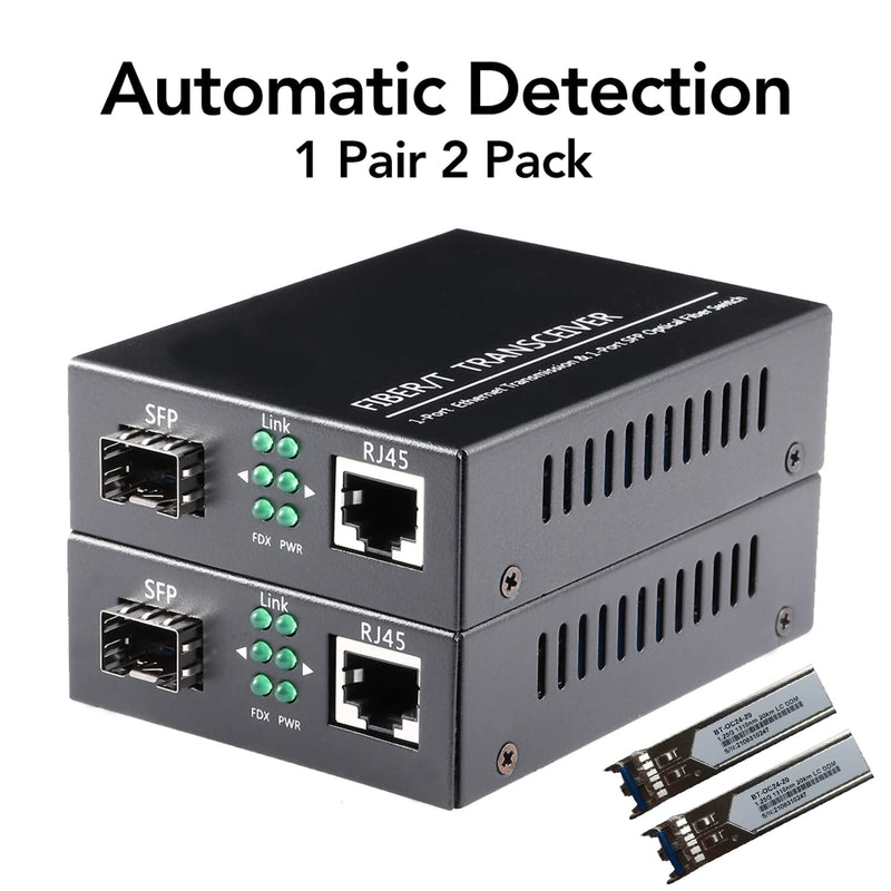 A Pair Gigabit Ethernet SFP Fiber Media Converters with Dual Core LC Transceiver Module, Single-Mode LC, SMF RJ45 to SFP Slot up to 20KM, 10/100/1000Base-Tx to 1000Base-SX (2 Pack) SingleMode LC Dual Port