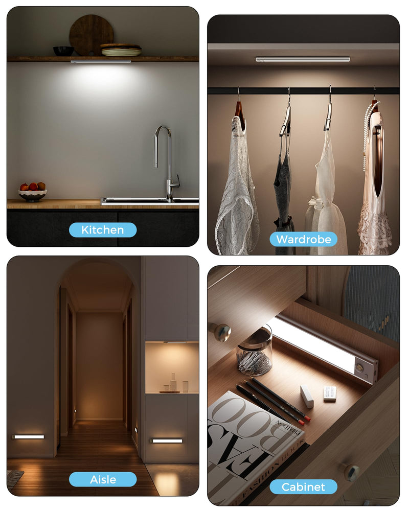 ASOKO Under Cabinet Lights Motion Sensor, 2800mAh Battery Operated Closet Light Rechargeable Under Counter Lights for Kitchen Under Cabinet Lighting Wireless (White,3 Pack-13.8inch) Silver-White Light 3 Packs-13.8inch