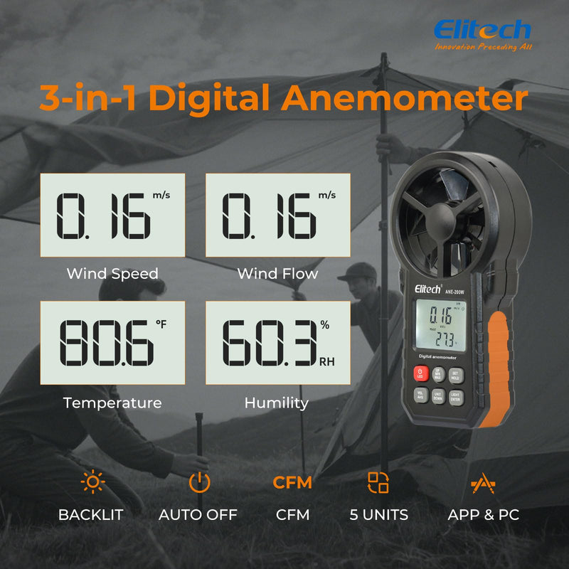 Elitech Bluetooth Wind Gauge, Digital Anemometer Wind Speed Measurement Temperature, CFM/CMM Air Flow Measurement for HVAC & Environmental Testing ANE-200W