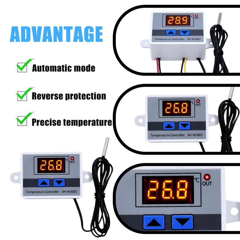 Pack of 3 digital temperature controller: XH-W3001 digital thermostat with sensor, waterproof probe, AC110V-220V temperature switch, LCD display, heating, cooling