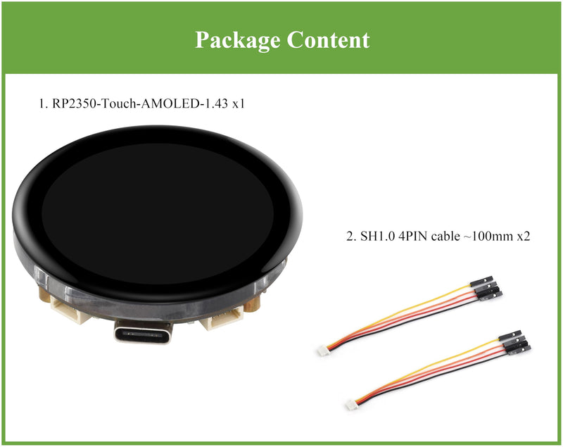 RP2350 1.43inch AMOLED Touch Display Development Board, 466x466, SPI Interface Round Display, Onboard Accelerometer and Gyroscope Sensor, USB, UART, I2C and GPIO, etc.