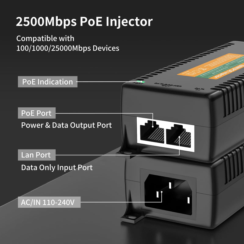 2.5Gb PoE Injector Adapter 60W, IEEE 802.3bt/at/af Compliant, Converts Non-PoE to PoE Network, 100/1000/2500Mbps RJ45, Up to 328 ft, Plug & Play (60W)