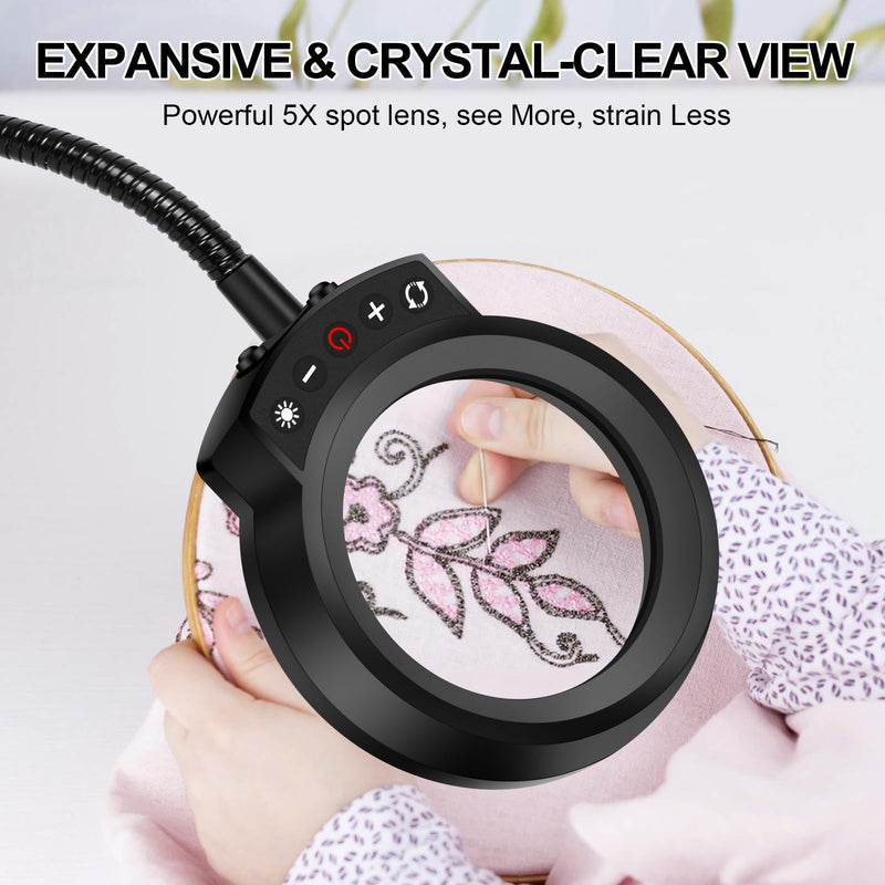 Helping Hands NEWACALOX Magnetic Magnifying Lamp, 5 Color Modes, 5X Magnifying Glass, Flexible Gooseneck, Soldering Helping Hands Base Station Black