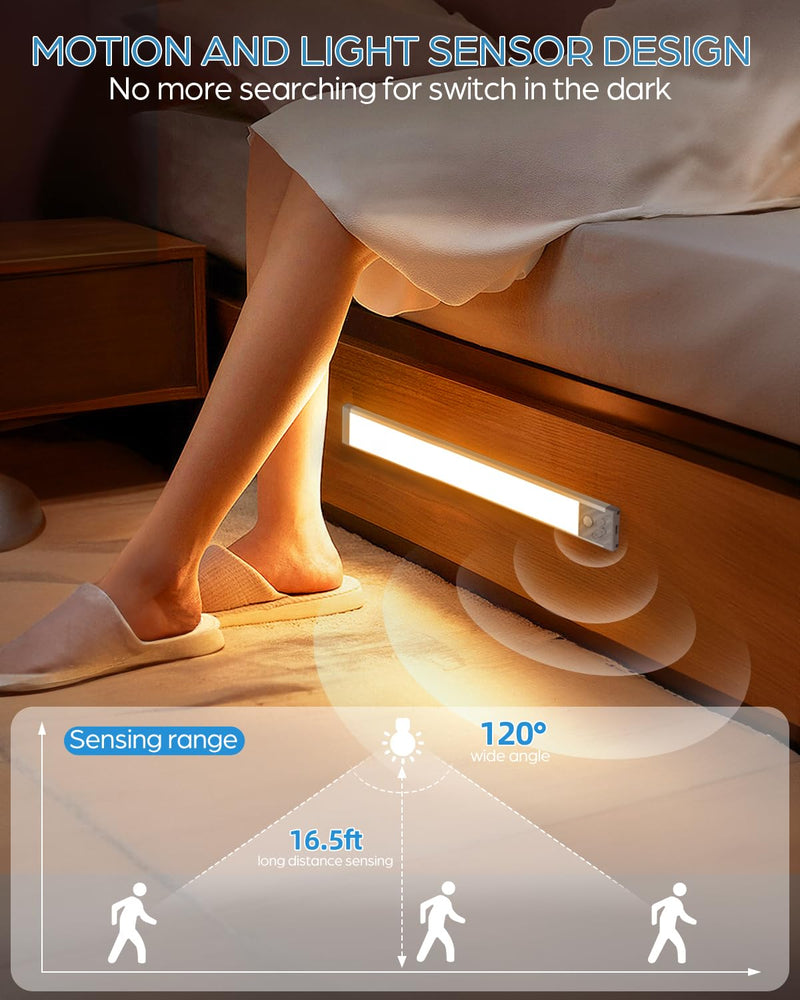 HIBOITEC Under Cabinet Lights Rechargeable Closet Lighting Wireless Motion Sensor Light Indoor, 70 LED Dimmable Magnetic Under Counter Light for Kitchen, 2 Pack, Warm White Light, 12.8 inch Long Silver (Warm White Light)