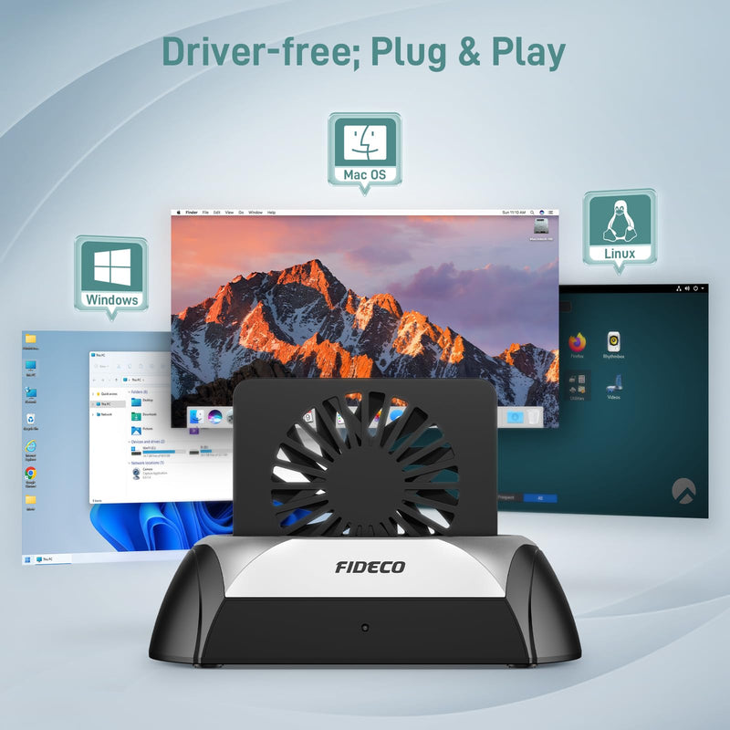 FIDECO Hard Drive Docking Station, M.2 NVME SSD Docking Station with Cooling Fan, Support 2.5 and 3.5 inch SATA HDD SSD, and M.2 NVME SATA SSD, Ultimate Heat Dissipation Black & Silver