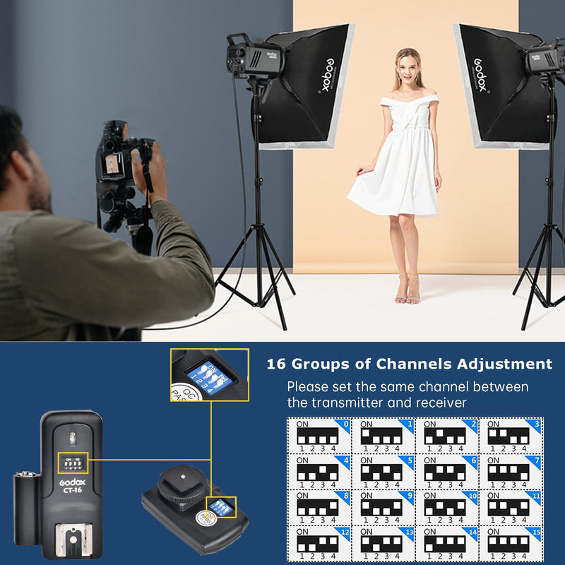 Godox CT-16 Wireless Radio Flash Trigger Receiver Kit,433MHz 4 in 1 Transmitter with 3pcs Receiver Compatible for Canon Nikon Sony Pentax Olympus DSLR Camera Flash Trigger,Studio Strobe Lighting