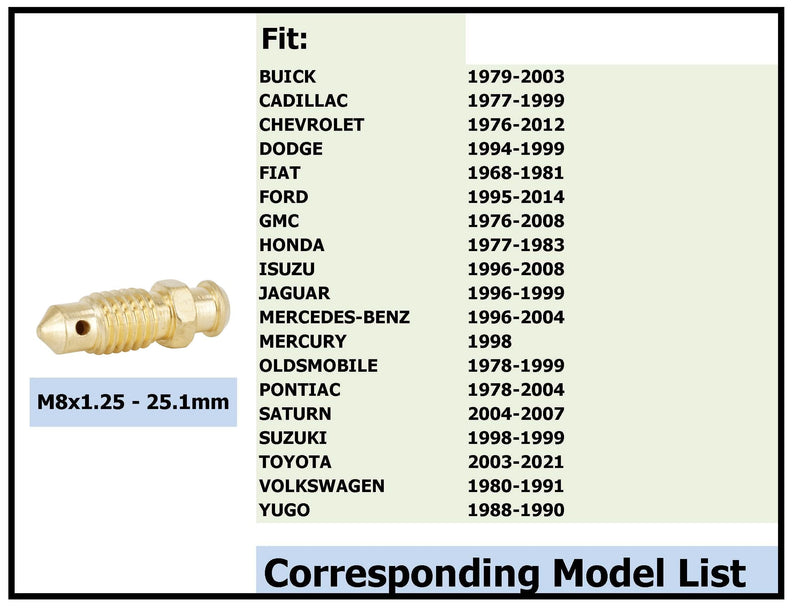 10 PCS Brake Bleeder Screws, Bleeder Valve, Caliper Bleeder Screw M8x1.25-25.1mm, H9405-10, 105182, 639520 M8x1.25 - 25.1mm