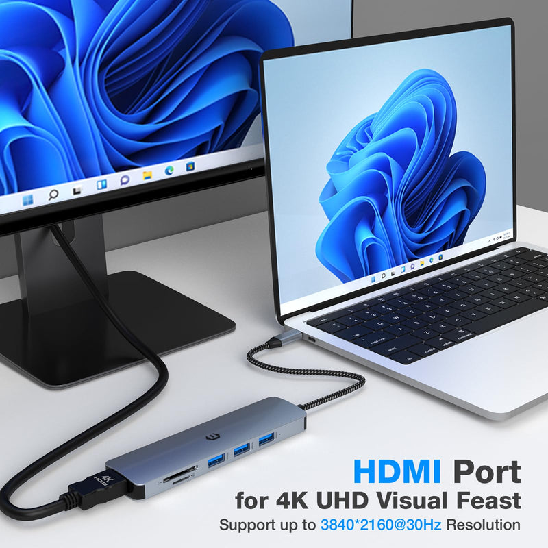 USB C Hub, 6 in 1 USB C to USB Adapter, Elevate Your Connectivity, 6 in 1 Laptop Docking Station with 4K HDMI, 3 x USB 3.0, 5 Gbps Data Transfer