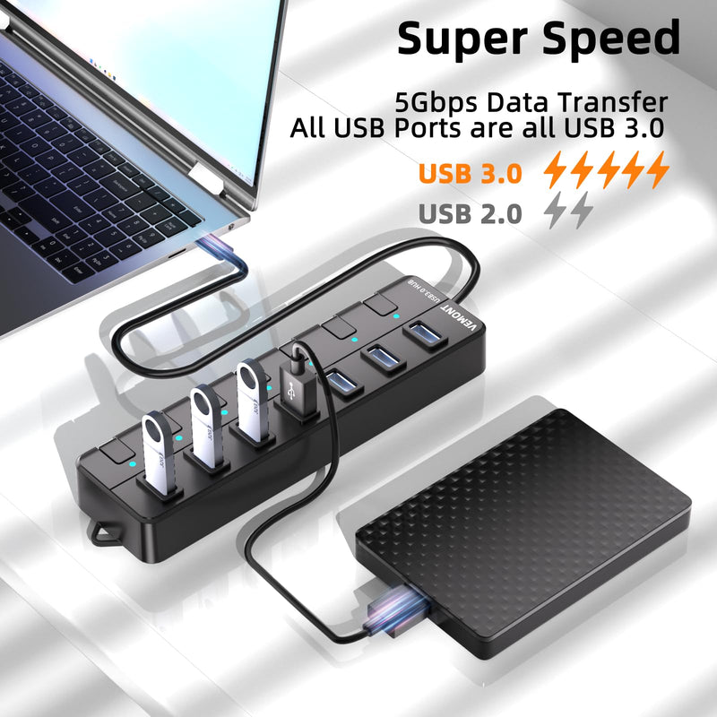 VEMONT 7-Port USB 3.0 Hub (Equipped with a 4-Foot Data Cable, Individual Switch, and Indicator Light, it Supports Data Transfer speeds of up to 5Gbps) Suitable for Desktop Computers and laptops.