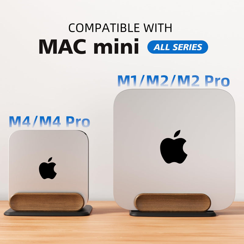 Mac mini Vertical Stand, Universal Aluminum & Wooden Desktop Holder for 2010-2024 M1/M2/M2 Pro/M4/M4 Pro, Cooling & Space-Saving Design