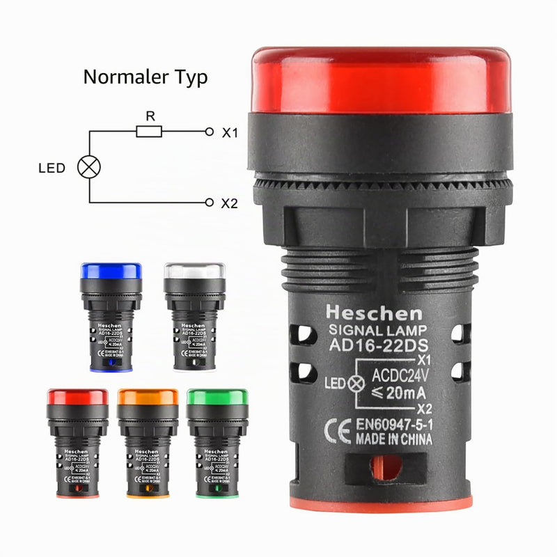 Heschen 22 mm LED Indicator Light, AD16-22D/S, 24VDC 20mA, Red, Green, Yellow, Blue, White Light Colour, Pack of 5