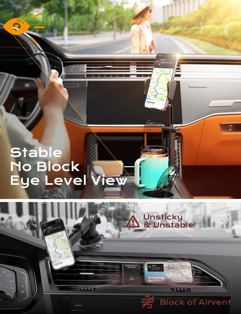 2-in-1 Cup Holder Phone Holder for Your Car Bottle Friendly Cup Cell Phone Holder Mount for Car Height Adjustable Sturdy Fit 4-7 inches Phones Black