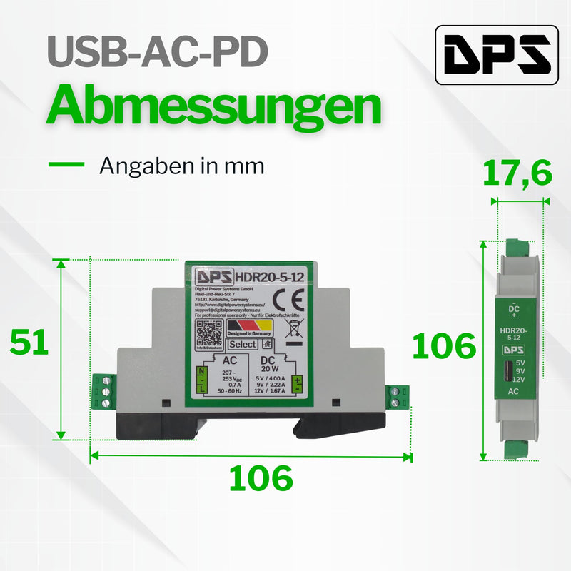 DPS – DIN Rail Power Supply 5V | 9V | 12V - 20W 230Vac Power Supply Transformer HDR20 Switch 5V | 9V | 12V AC NoElko Power Supply Industrial Quality 5V | 9V | 12V