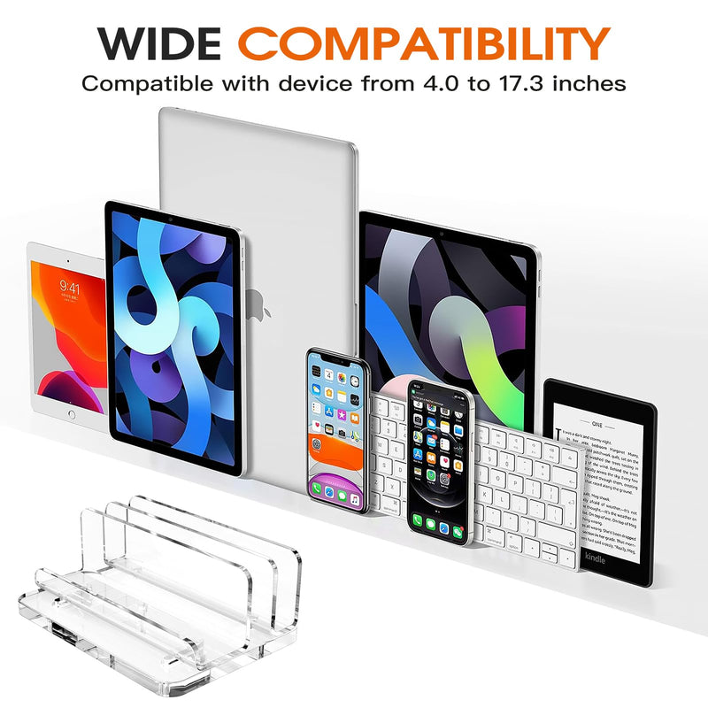 Acrylic Vertical Laptop Stand, 3-in-1 Design with Adjustable Slot Width, Suitable for Desktop Space Saving, Supports MacBook, iPad, iPhone, Chromebook, Surface, Samsung, etc Transparent (laptop stand)