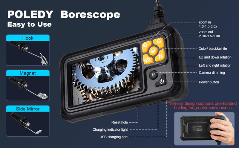 Endoscope Camera with Light, POLEDY 1080P HD Borescope, 8 Adjustable LED Light mit 4.3" IPS Screen Inspection, IP67 Waterproof 16.4ft Snake Camera, Semi-Rigid Cable Inspection Single Lens 4.3"