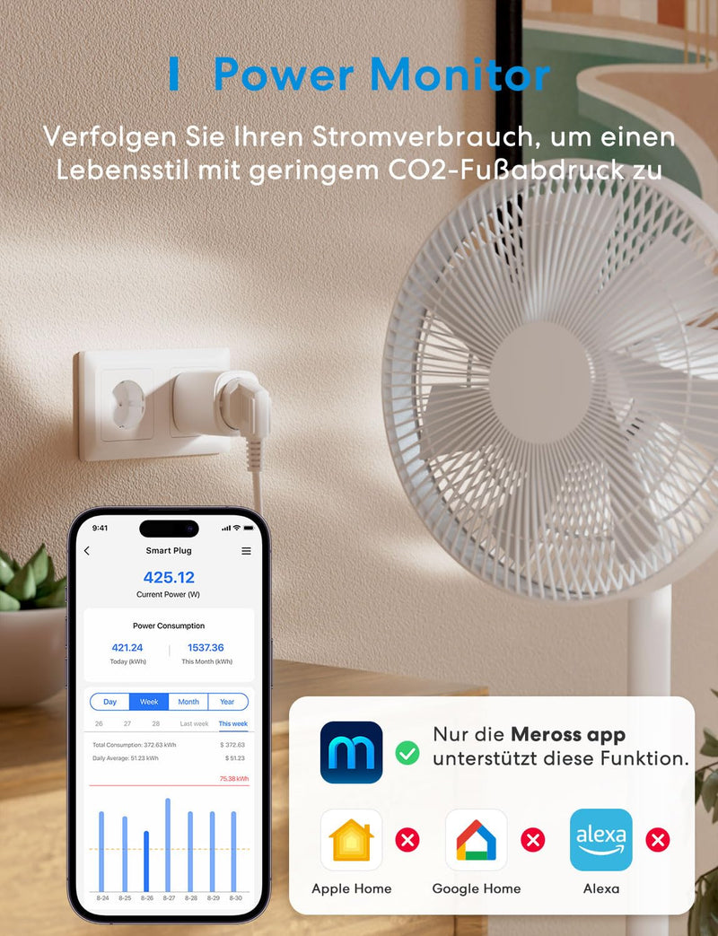 Meross Matte WiFi Socket with Power Consumption, Smart Socket with Electricity Meter for Balcony Power Plant, Works with Apple Home, Home Assistant, Alexa and Google Home, Voice Control, Remote Access | 16A smart socket with electricity meter for balco...