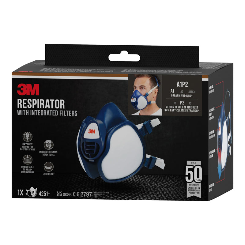 3M 4251C Half-Mask Respirator for Spray Painting / Machine Sanding Protection Level A1P2 / Ready for Use / Low Breathing Resistance / Especially Lightweight | Ready-to-use half mask for painting and sanding with comfortable fit, wide field of vision an...