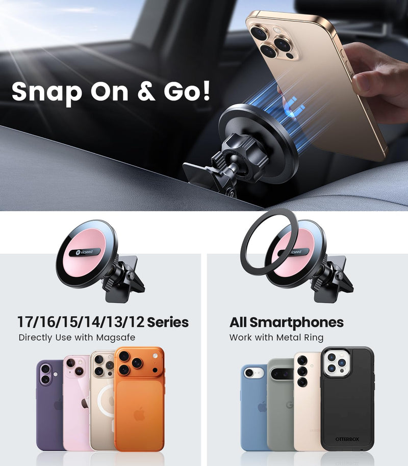 VICSEED for MagSafe Car Mount Vent Pink [2025 Strongest Magnetic Hold & Clip] 360° Adjustable Study Magnet Phone Holder for iPhone 17/16/15/14/13/12 Pro Max, Easy One-Hand Operation