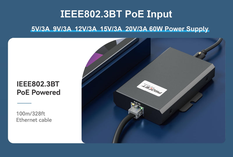 PROCET Gigabit PoE to USB C Converter up to 60W RJ45 to C Type Power with Ethernet Connectivity, Wide Working Temp -4℉ to 131℉ for Echo Hub, Home Assistant, Beosound A5, VR Quest, Tablet, iPad, Laptop
