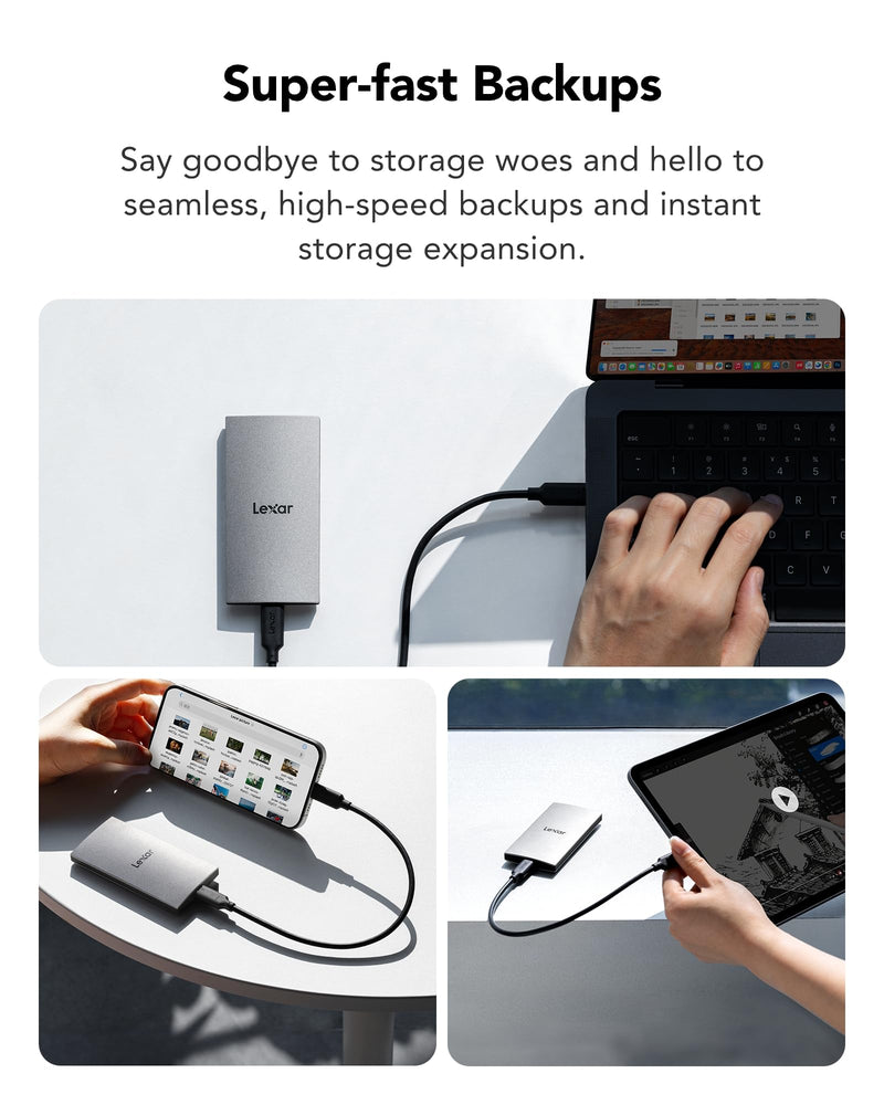 Lexar ES3 1TB External SSD, USB 3.2 Gen2 Portable SSD, PSSD Up to 1050MB/s Read, 1000MB/s Write, External Solid State Drive Compatible with iPhone 16/15 Series/Mac/PS5/XBOX/Laptop/PC, Silver