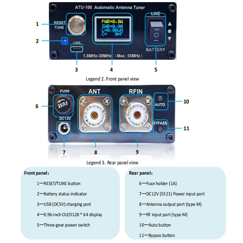 ATU-100 EXT Antenna Tuner for Ham Radio, GOOZEEZOO V3.2 1.8-55MHz Automatic Antenna Tuner by N7DDC 100W Open Source with 5000mAh Battery