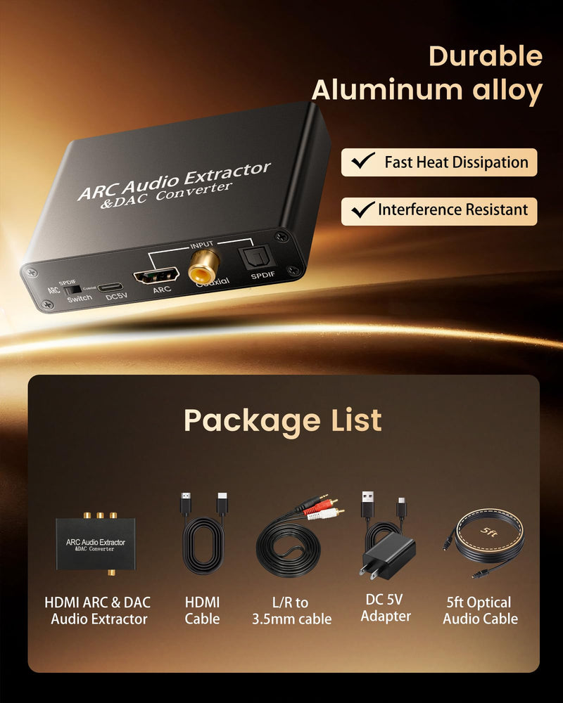 HDMI ARC Audio Extractor DAC Audio Converter 192KHz Digital to Analog Converter for PS3 PS4 HDTV DVD Home Systems, HDMI ARC/Optical/Coaxial Input, SPDIF/Optical/RCA/3.5mm Stereo Output(with 4 Cables) ARC+DAC