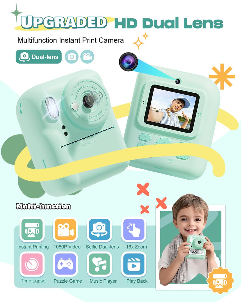 Seckton Kids Camera Instant Print, Upgrade Selfie Digital Camera for Kids, Christmas Birthday Gifts for Boys Girls Age 3-12, Toddler Portable Travel Toy with HD 1080P Video-Green Green