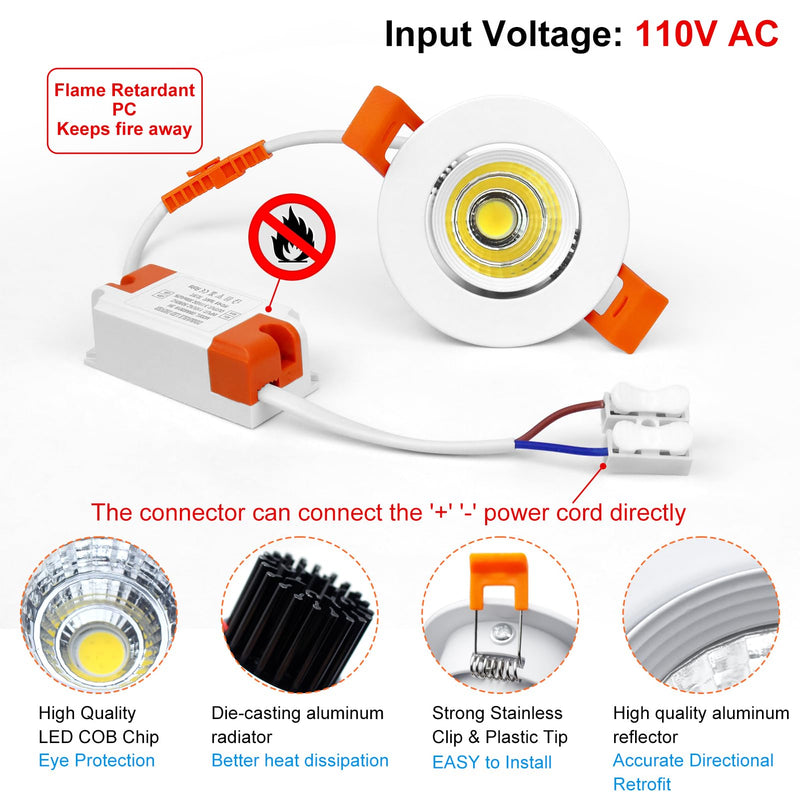 inShareplus 2 Inch LED Downlight, 3W Recessed Lighting COB Dimmable, 5000K Daylight White, CRI80, Ceiling Lights with LED Driver, 6 Pack 5000k(Daylighting White) White/6Pack