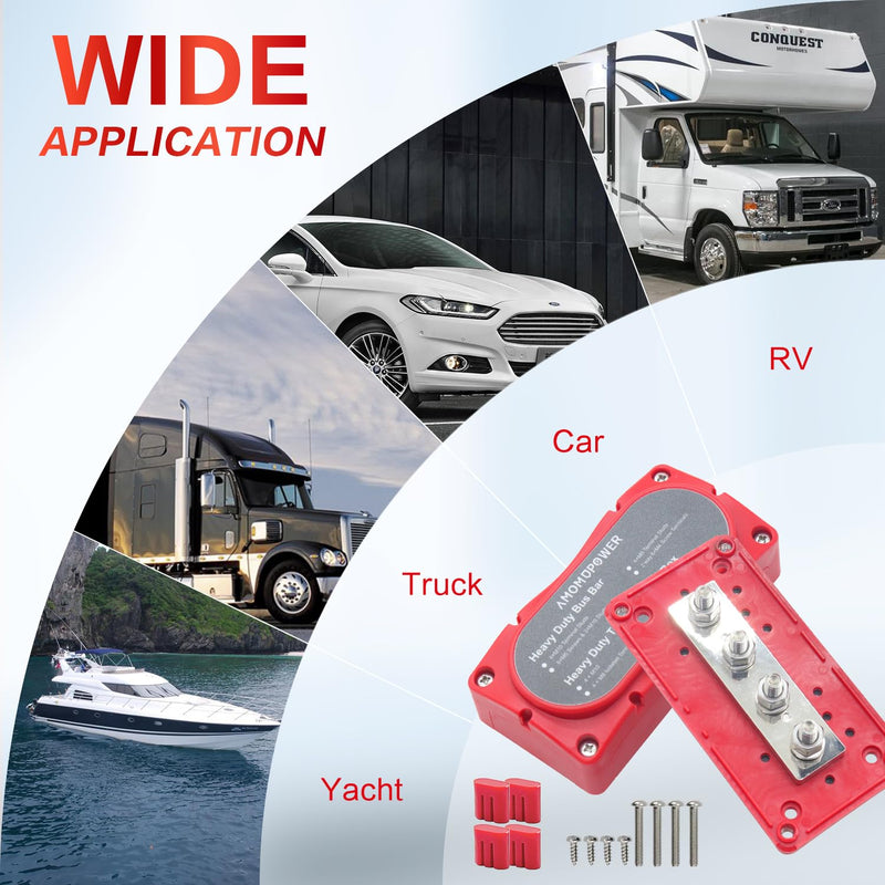 300A Bus Bar 12v Power Distribution Block 4 x 5/16"(M8) Terminal Block Heavy Duty Waterproof Buss Bar Junction Block Marine Battery Bus bar for Automotive Boat Solar System(Red) M8 Red