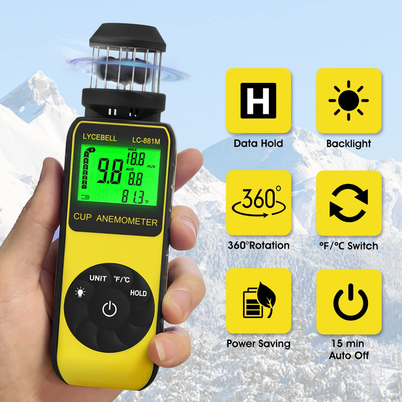 Anemometer Handheld LC-881M Portable Anemometer Wind Speed Meter Measures Wind Speed/Temperature with Compass, 360° Wind Direction Wind Cup Anemometer