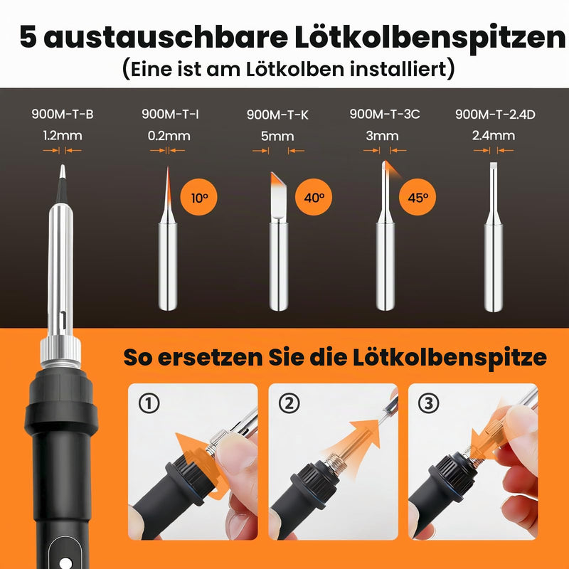 RUIZHI Soldering Iron Set 100 W LCD Adjustable Temperature 180-520 °C, 16-in-1 Soldering Iron Soldering Set with 50 g Solder, 5 Soldering Tips, Desoldering Pump, Soldering Stand, Pliers, Soldering Set for Electrical Work