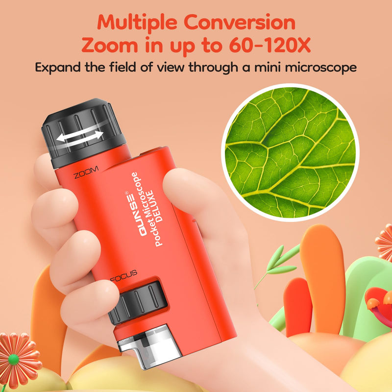 QUNSE pocket microscope 60x-120x with LED light, aspherical hand microscope, children students educational gifts for nature observation insects outdoors