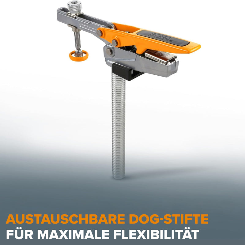 BORA Auto-Adjust Workbench Clamp | Horizontal MFT Clamp with 191mm Spiral Aluminium Dog Peg - 360° Swivel Base, 140mm Clamping Height, up to 181kg Clamping Force - For 19mm & 3/4" Dog-Hole Perforated Plates