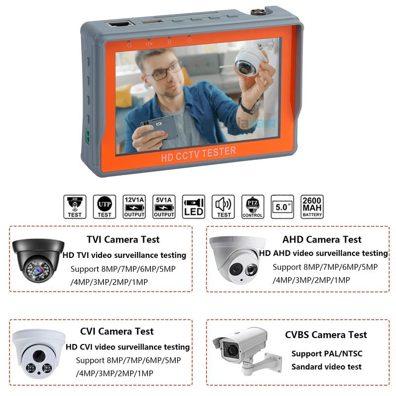 CCTV Test Monitor IV5 Portable Tool 5 inch LCD Screen 8MP HD AHD Tester Monitor TVI CVI CVBS Support UTP PTZ Audio Test CCTV Tester
