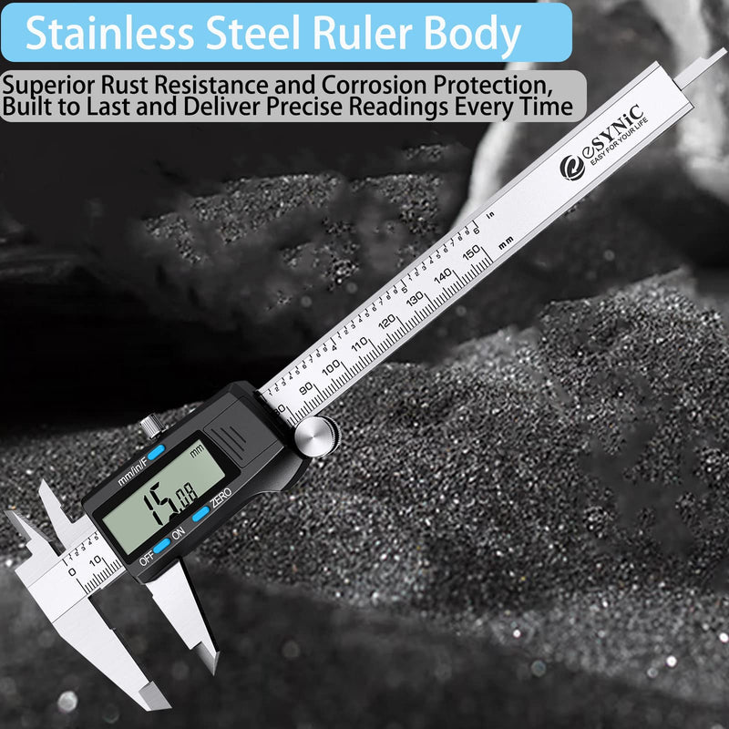 eSynic Digital Caliper 150mm/6 Inch Stainless Steel Caliper Electronic Caliper Inch/Metric/Fraction Conversion for Distances Diameter, Depth, Inner Diameter, Outer Diameter, Black... Model A-Black