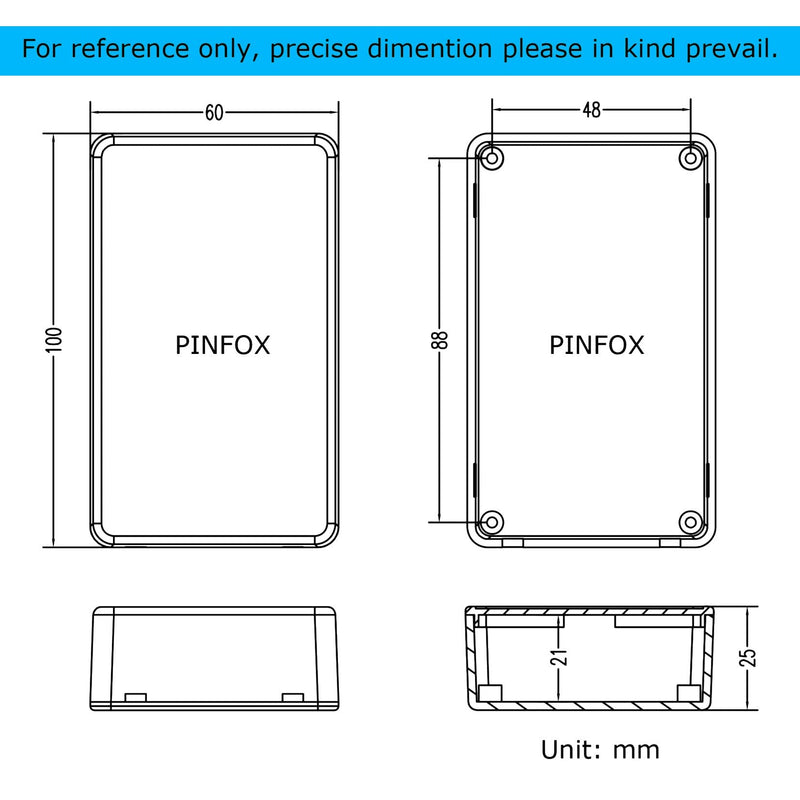 Pack of 6 junction boxes, plastic covers, electronics housing, electronic project box, electrical accessories housing for DIY power junction boxes (black, 100x60x25mm) black