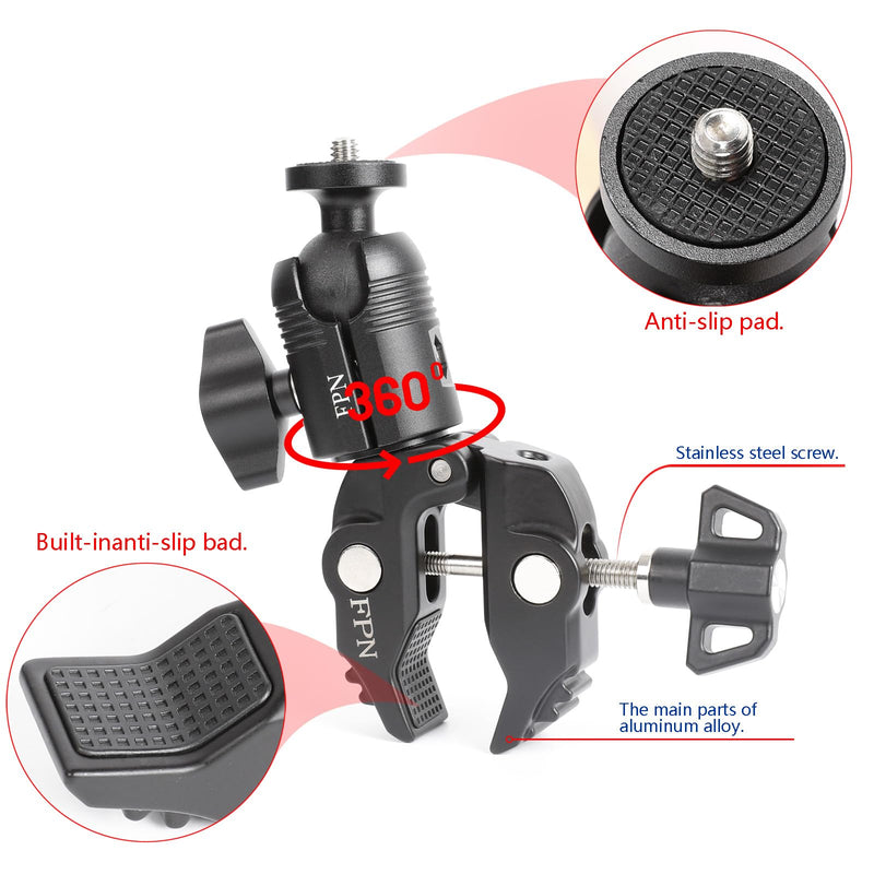Aluminum Alloy Super Clamp Camera Mount with 360° Ball Head for Bike/Motorcycle Handlebar Pole Tripod Rod 0.5-2.0" Diameter, Compatible with GoPro, Insta360 X5 X4, DJI Osmo Action 5 Pro, Pocket 3
