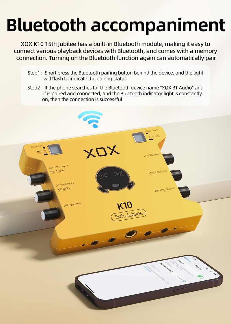 XOX K10 15TH live streaming audio interface for gaming recording bubbing teaching and k song. Stream sound card with 3.5/6.5 microphone,bluetooth and wireless OTG connect.
