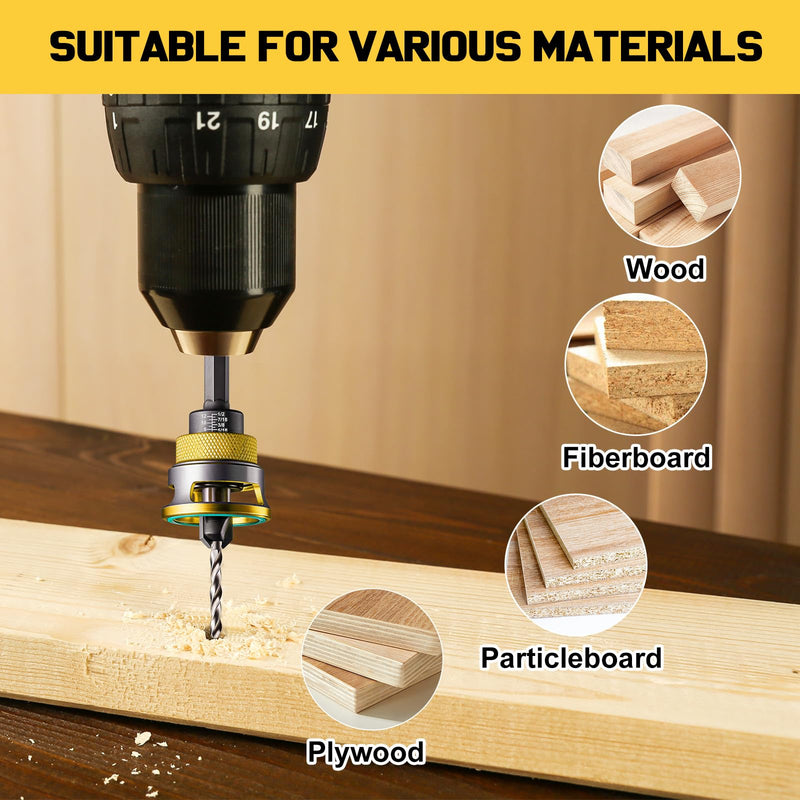 Countersink Drill Bit Set for Wood,17 PCS Counter Sink Drill Bit with 15PCS HSS Tapered Drill Bits and 1/4" Hex Shank Quick Change for Woodworking with Storage Box 17 pcs Yellow