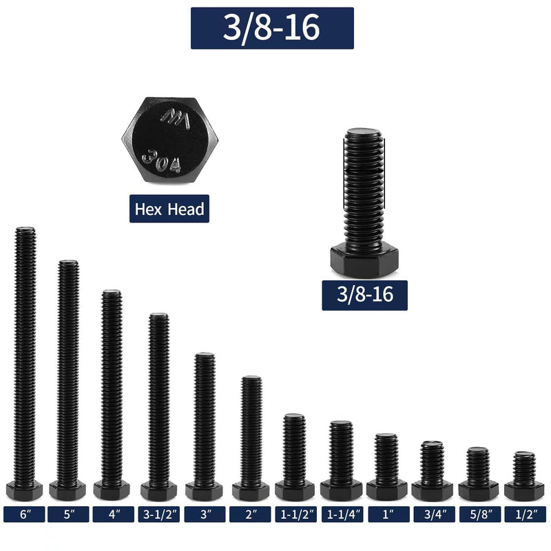 3/8-16 x 3-1/2" Hex Head Screw Bolt, 20Pcs 18-8 (304) Stainless Steel, Fully Threaded,Black Oxide by SG TZH 20 3/8-16 x 3-1/2"