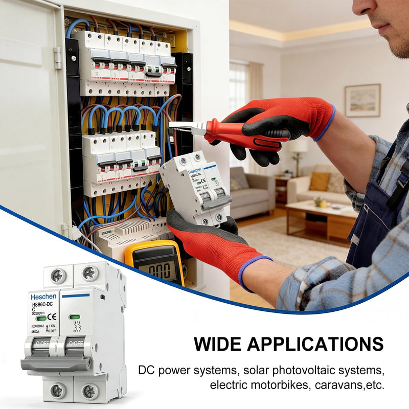 Heschen HSB6C-DC 2 Pin DC 500V C 16A Non-Polarized DIN Rail Mounted Photovoltaic Circuit Breaker for Solar Systems Standard design