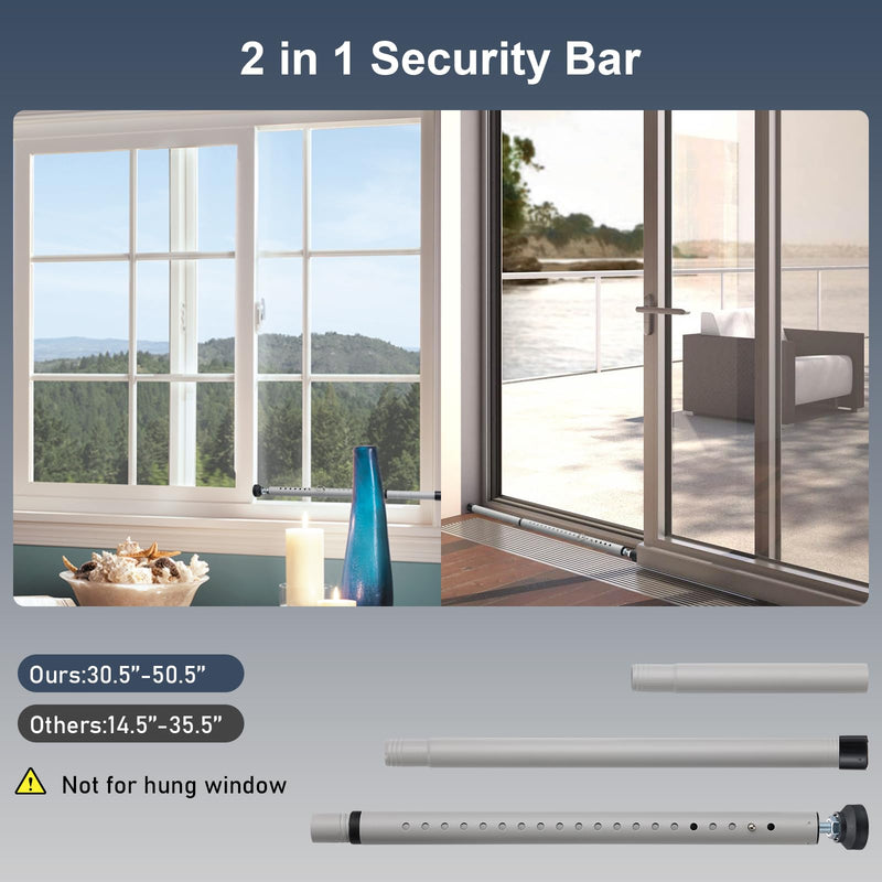 Sliding Door Security Bar, 17.7-50.5inch Heavy Duty Adjustable Sliding Patio Door Lock Bar with Rubber Tips,Diameter 1inch Window Security Bar for Home Apartment Travel Children Women (Grey) 1 Gray