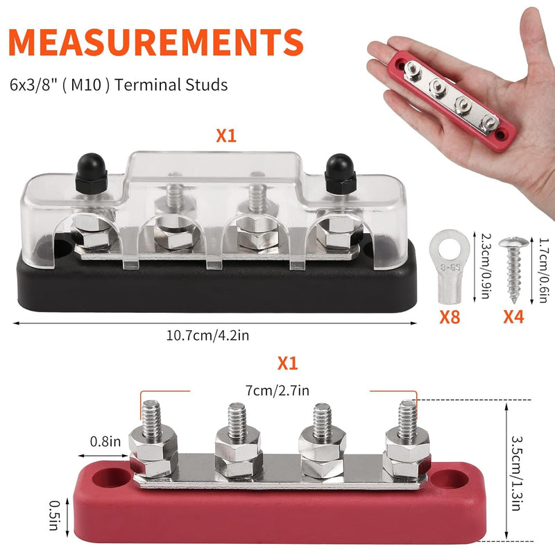 2 Stücke 4 polige Einreihige Sammelschiene Verteilerblock,100A Sammelschienen-Schraubklemme, Busbar mit 4 x M6 Anschlussbolzen, für Bus, Boot RV (4-polige einreihige)