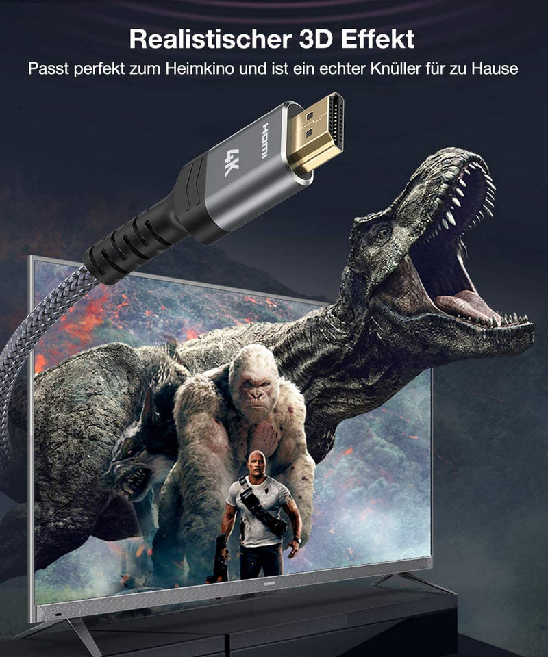 SNOWKIDS 4K HDMI cable 2 meters, HDMI cable 4K@60Hz nylon braid gold-plated connectors with Ethernet/audio return channel, compatible with video 4K 2160p, 1080p-gray