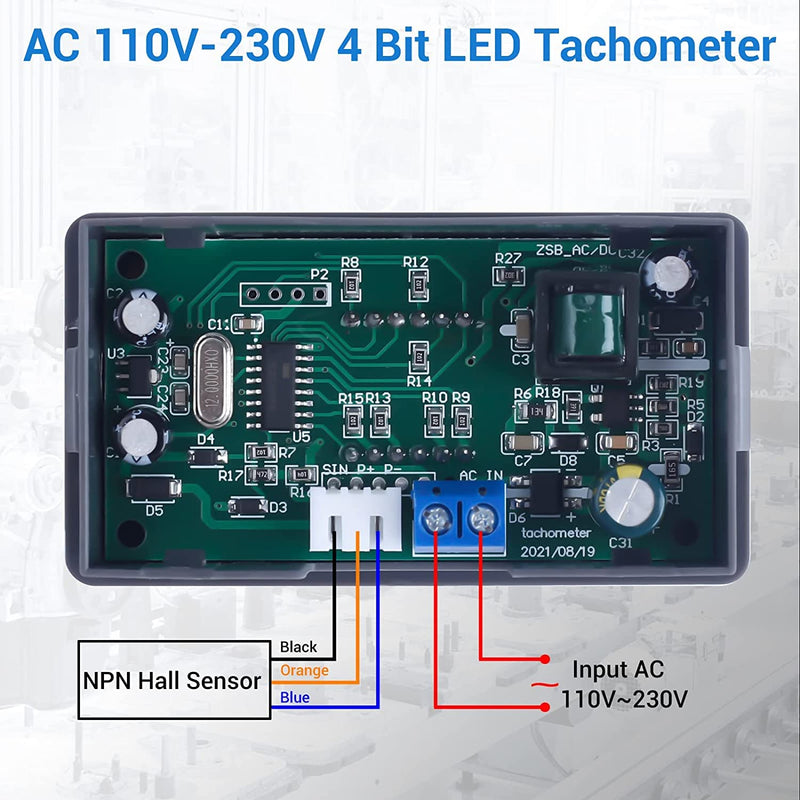DONGKER Digital LED Tachometer, AC 230V 110V Digital RPM Motor Tachometer with Hall Proximity Switch Sensor NPN Tachometer