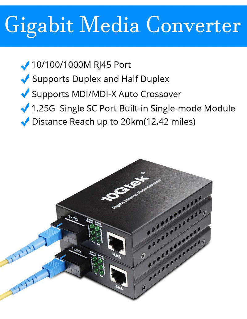 BiDi Gigabit Single Mode SC Media Converter, 10/100/1000M Fiber to Ethernet Converter, 1000Base-FX Single SC to 10/100/1000Base-T/TX RJ45, Built-in Fiber Module, SMF, 1310/1550nm, 20km, 1 Pair X1 Bidi,SMF,SC,20km